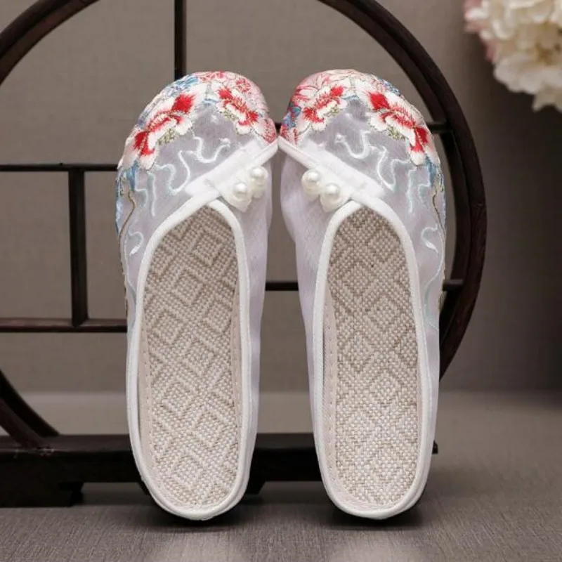 Women Round Toe Embroidered Mesh Slipper Chinese Style Summer Outside Dress Mules Ladies Flat Heeled Breathable Slides