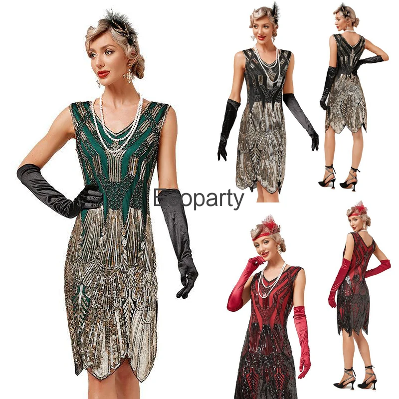 

New 1920s Retro Elegant Flapper Dress For Women Great Gatsby Costume Lady V-Neck Sleeveless Sequin Beaded Tassel Dresses Vestido