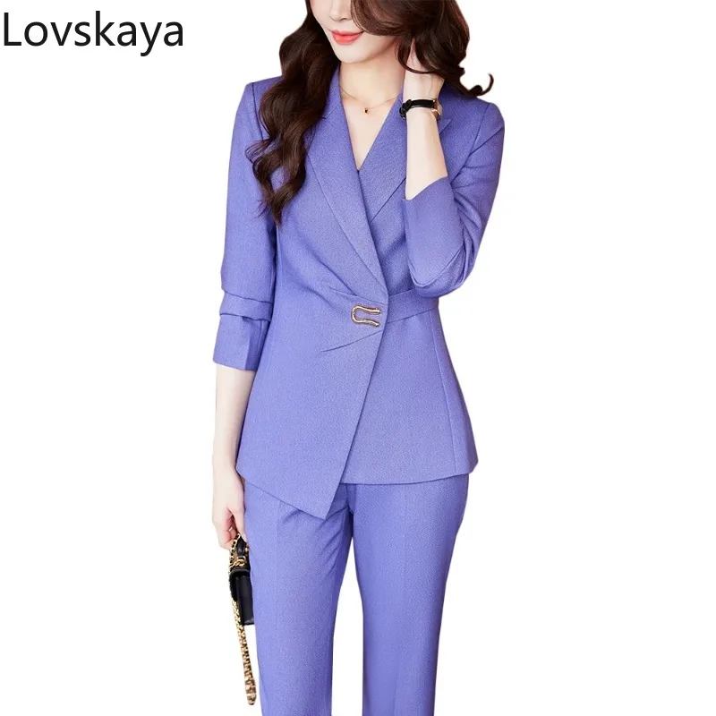 

Female Business Work Wear Jacket and Trouser Blazer 2 Piece Set Elegant Pink Purple Black Ladies Pant Suit Women