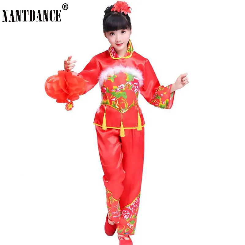 New Year Red Hanfu children\'s Girls Traditional Suit National Younger Style Clothing Fan Yangko Stage Dancing Clothes Costumes