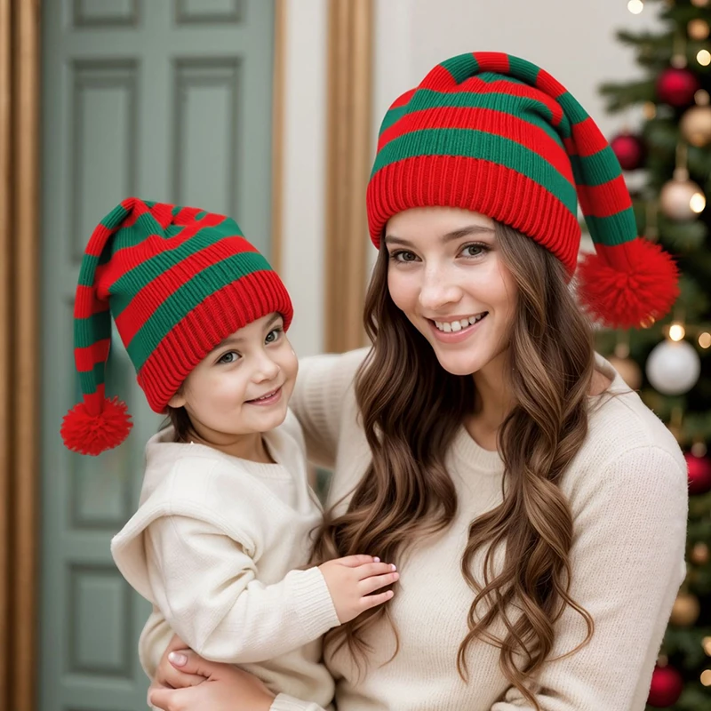 New Christmas Knit Hat Red and Green Striped Pom Pom Beanie European and American Ins Christmas Hat Cold Weather Insulation