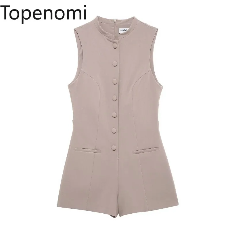 Topenomi Jumpsuit Women 2025 New Solid Sleeveless Single Breasted Slim Short Pants French Elegant Fashion Office Ladies Rompers