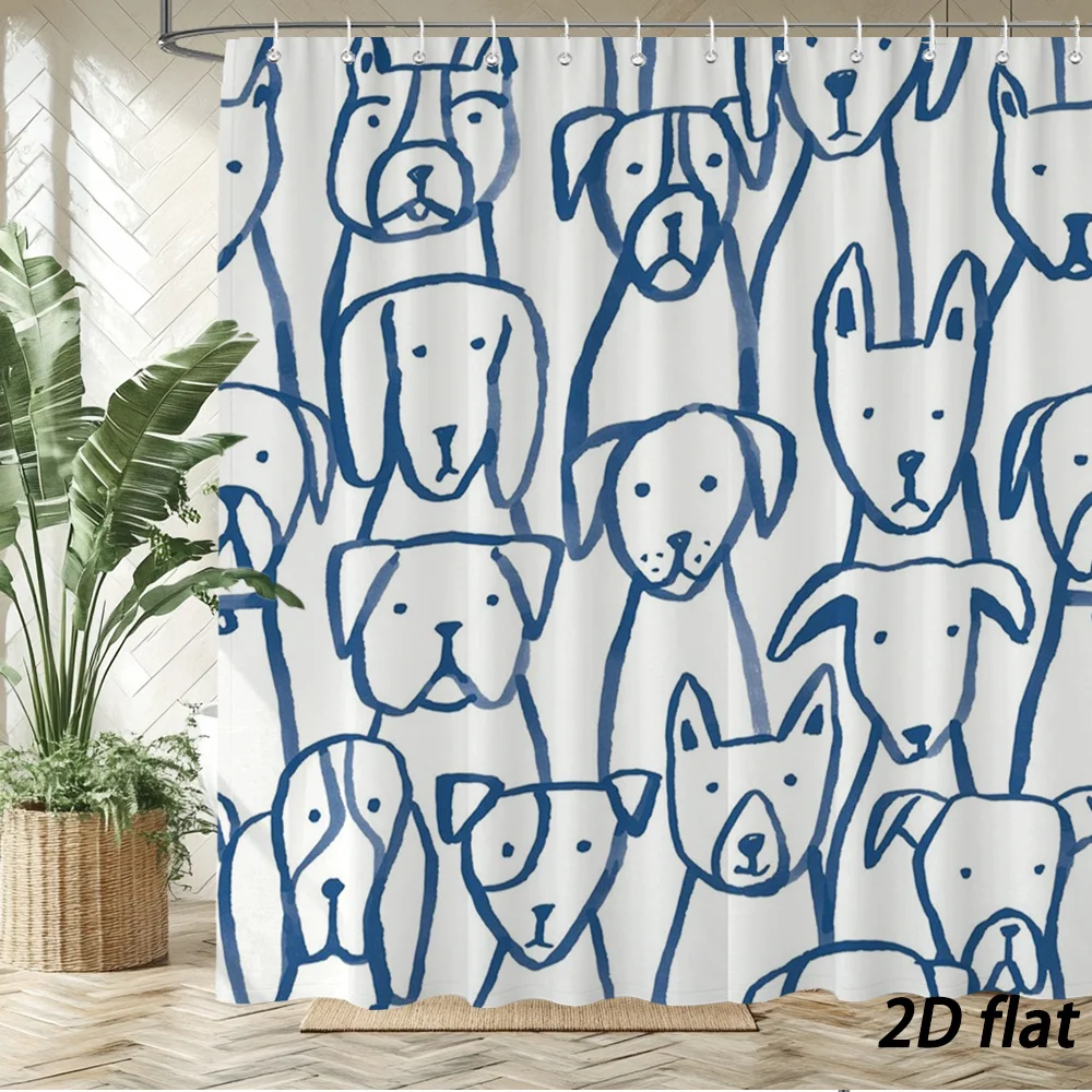 Blue Line Dog Pattern Shower Curtain – 2D Flat, 12 Hooks, 70.8×70.8 in, Polyester, Machine Washable, Playful Canine Design
