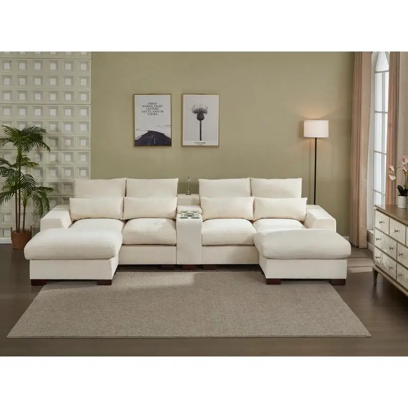 

Современный секционный диван с консолью, USB-порт для зарядки, лампа для чтения, подстаканник, бежевая ткань