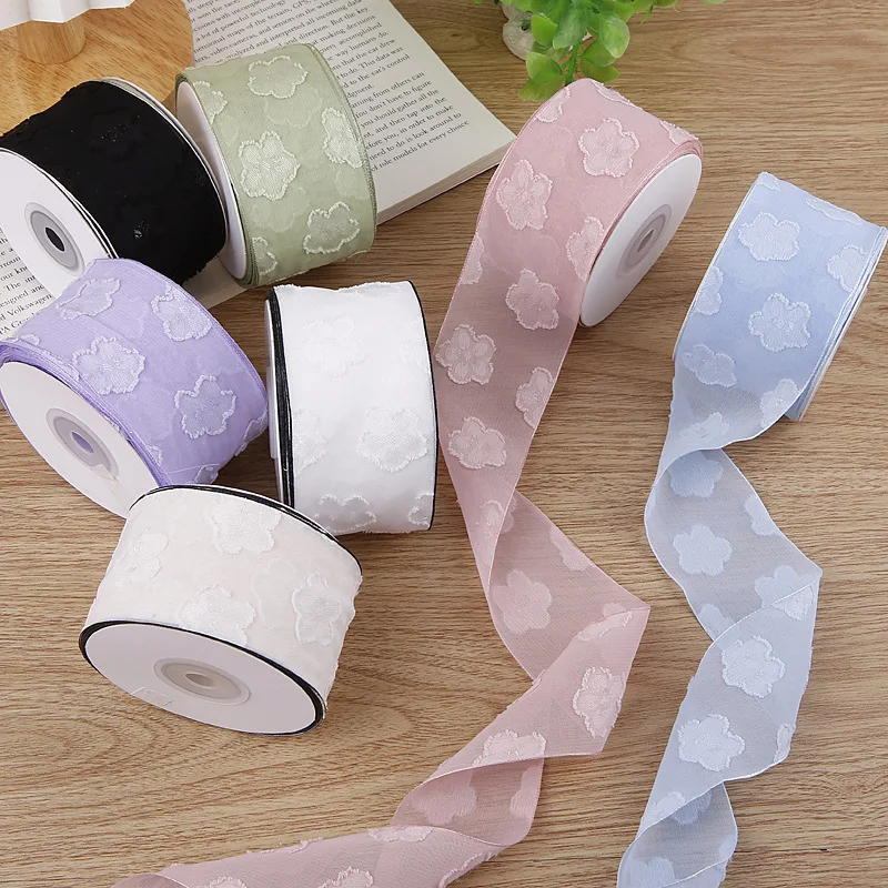 20 Yards 50MM  \Flowers Jacquard Chiffon Bows Ribbon Hair DIY Handmade HeadwearMaterial Crafts Accessories Gift Wrapping