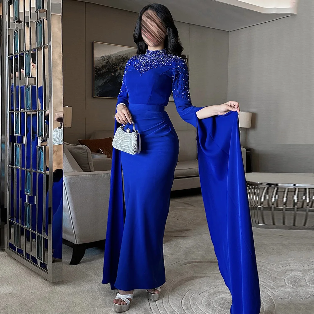 Royal Blue Prom Dress Saud Evening Dresses High Neck Customized Long Sleeves Crystal Stone Mermaid Party Gown فساتين سهرات