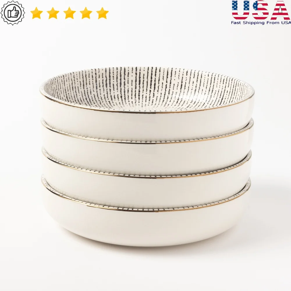 مجموعة أوعية منخفضة من الخزف الحجري مكونة من 4 أوعية أنيقة ومتينة ومتعددة الاستخدامات وآمنة للاستخدام في غسالة الأطباق والسلطات المثالية وأساء المعكرونة