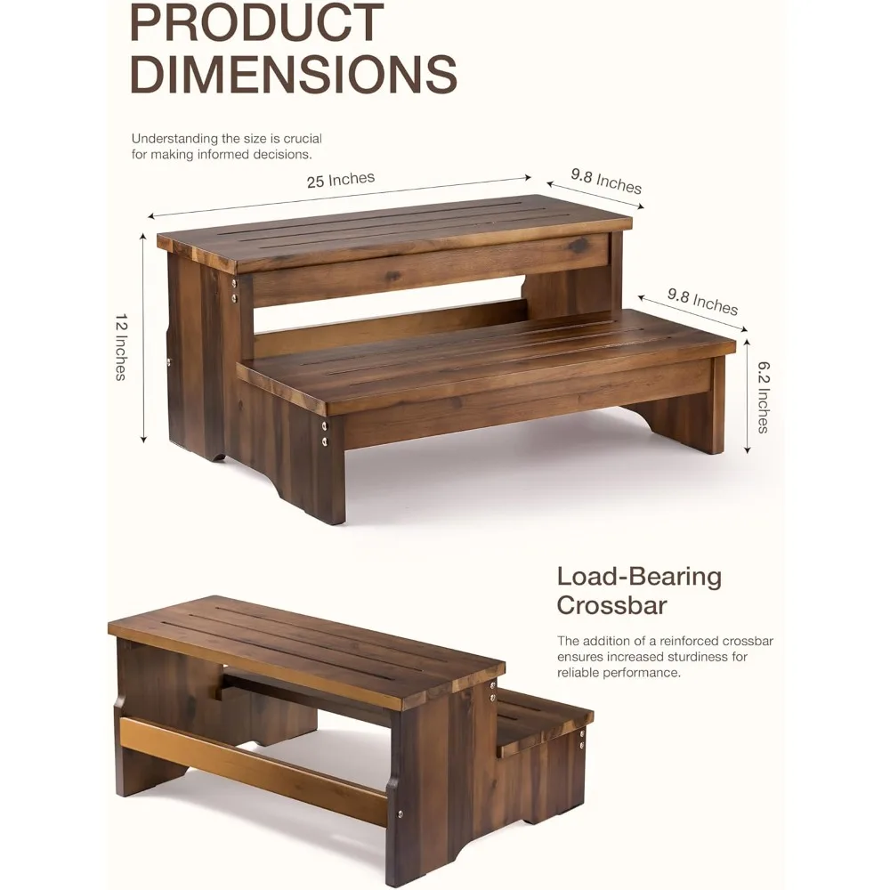 خطوات سرير أكاسيا للأسرة العالية للبالغين - مقعد خشبي بخطوتين - مقعد خشبي (لون الجوز)