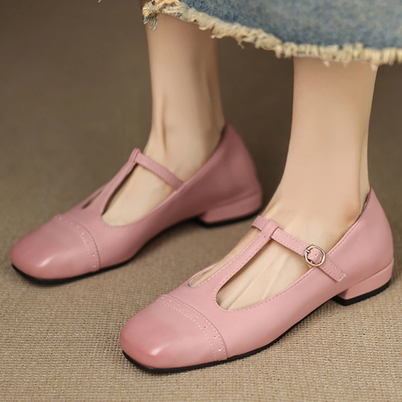 Classic Loafers Shoes for Women Elegant T-strap Low Heel BLack Beige Pink Party Ladies Dress Dance Wedding Shoes Comfortable