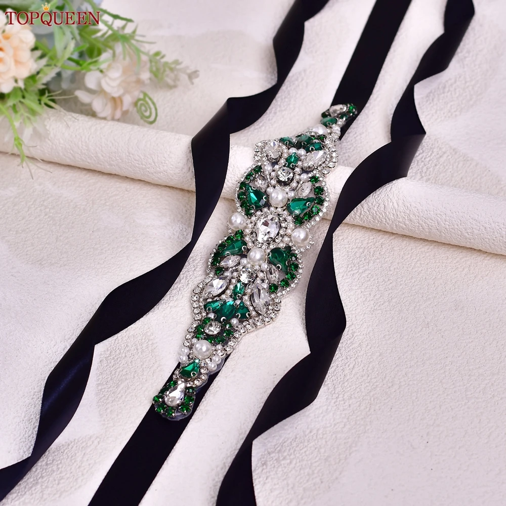 TOPQUEEN Bridal Decorative Belt Female Women Wedding Party Evening Dress Accessories Dark Green Rhinestones Pearls Crystal  S87