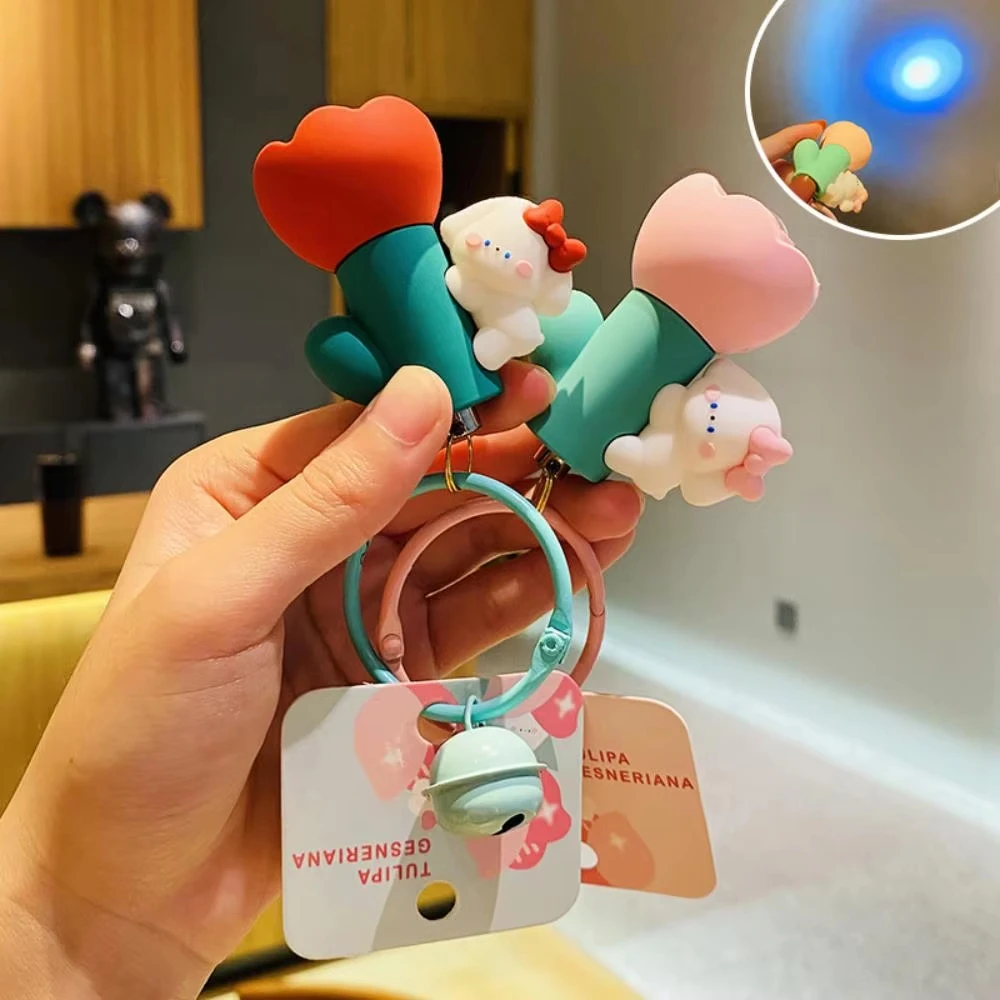 

Cute Flower Rabbit Keychain with Multifunctional Flashlight Creative Cartoon Car Key Pendant for Women Backpack Hanging Jewelry