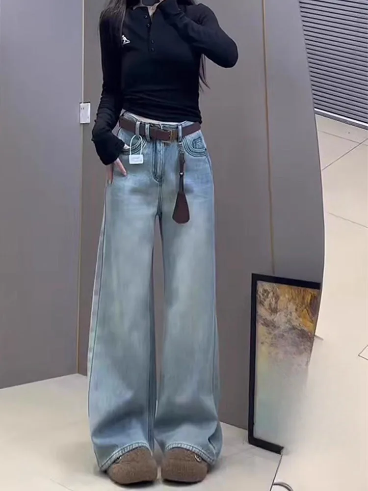 

High Waist Wide Leg Retro American Denim Jeans for Women Pear Shape Body Fit Spring New Style Comfortable Wear Resistant