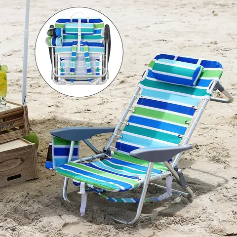 Portable Backpack Beach Chair Folding Chair w/5 Reclining Positions(Lay Flat)/Cup Holder/Phone Pocket for Adults,300LBS Capacity