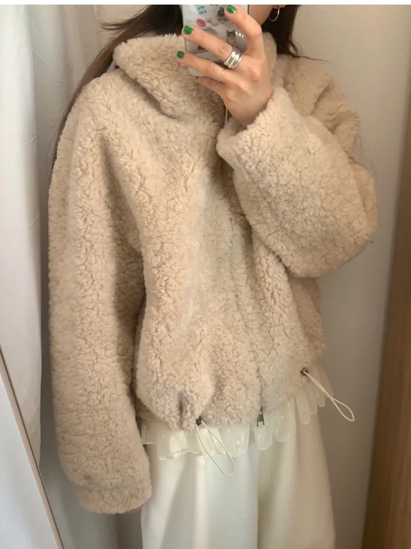 Elegancki płaszcz zimowy damski z futra jagnięcego, luźny, zapinany na zamek, ze stójką, uniwersalny, wysokiej jakości odzież wierzchnia, ocieplany wełną...