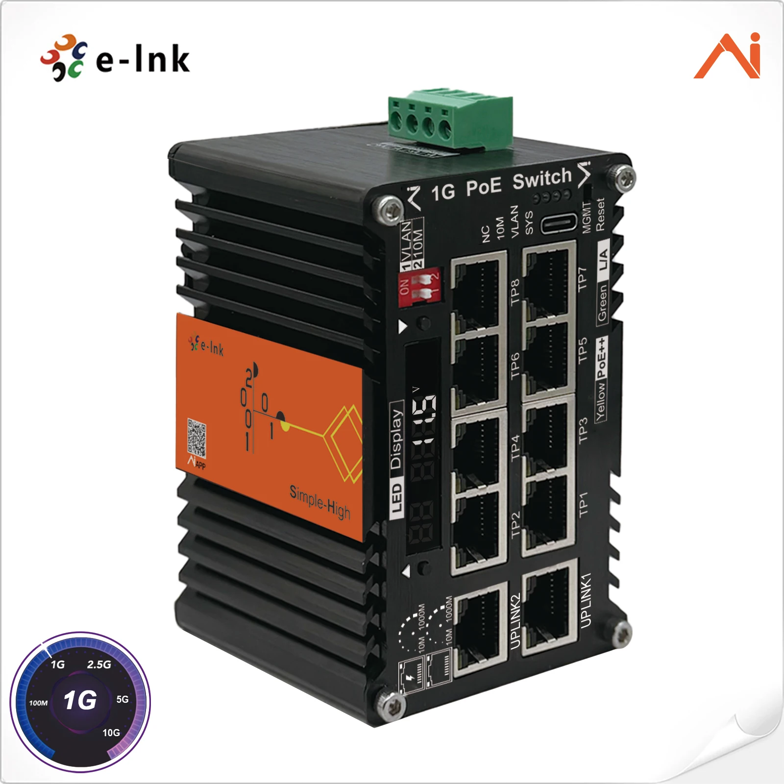 8x10/100/1000M RJ45 IEEE802.3bt 30W Voltage Booster & 2 Uplink 9-54V Input, DIN-Rail AI Smart Managed Industrial PoE+ Switch