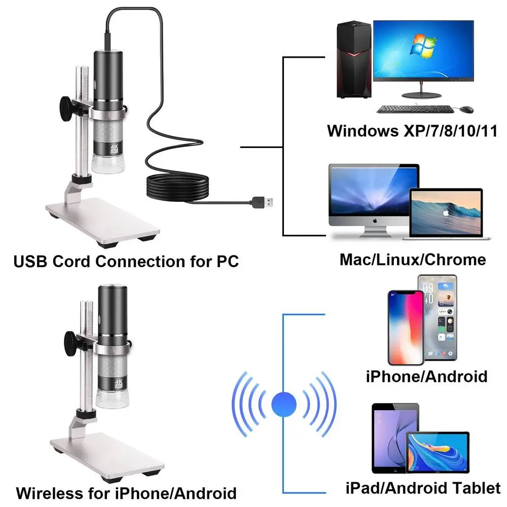 4K Digital USB Microscope Professional Stand iPhone Android PC Camera HD All Cellphones iPad LED Grey 1000X Zoom Wide Angle Long