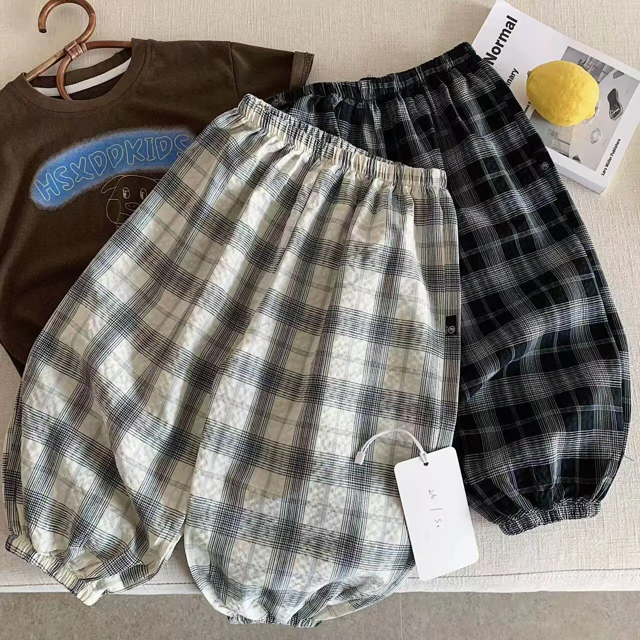 Children's Summer Lightweight Plaid Drawstring Pants Boys Girls Casual Lantern Pants Anti-Mosquito Cotton 100% Leisure Trousers