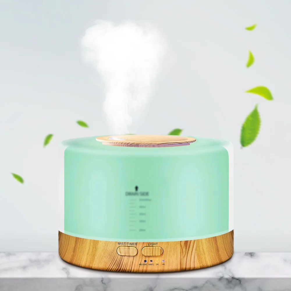 Difusor de óleo essencial 500ml, umidificador ultrassônico com controle remoto, grão de madeira, umidificador de ar de mesa com luzes noturnas coloridas