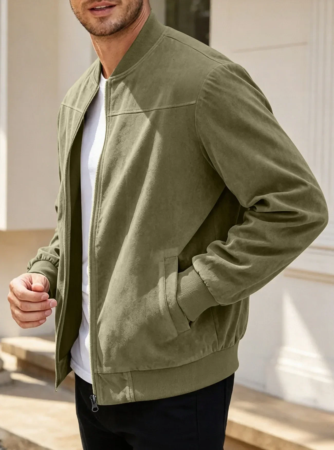 Herren-Wildlederjacke mit durchgehendem Reißverschluss, Stehkragen, lässig, langärmelig, einfarbig, leichte Streetwear-Oberbekleidung – Detail 10