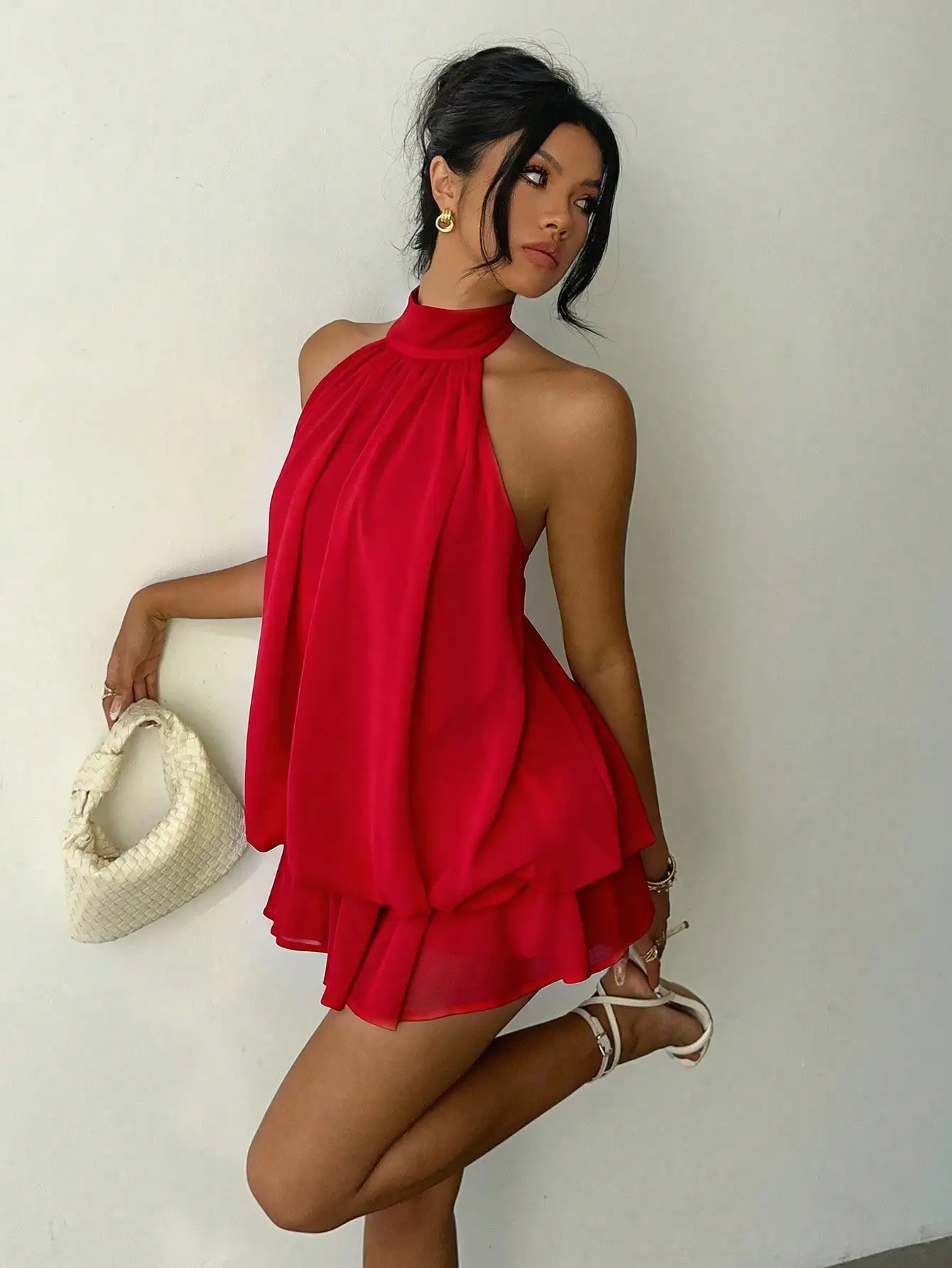 

Women's Red Halter Neck Ruffled Mini Dress for Summer Party