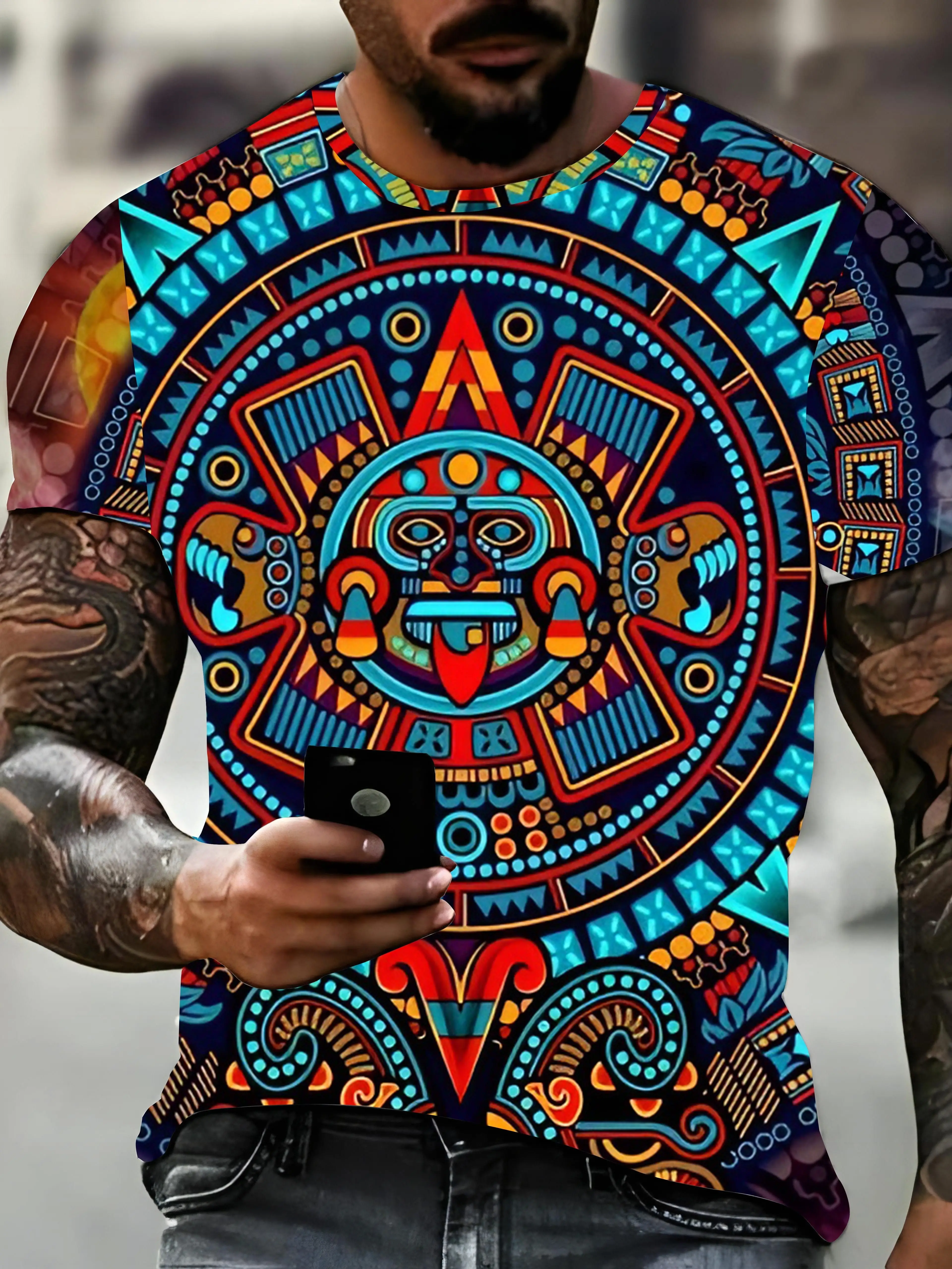 Vintage Aztec Calendar Print T Shirt For Men Graphic Tee Shirts Summer Harajuku Short Sleeve Leisure O-Neck Loose Tops