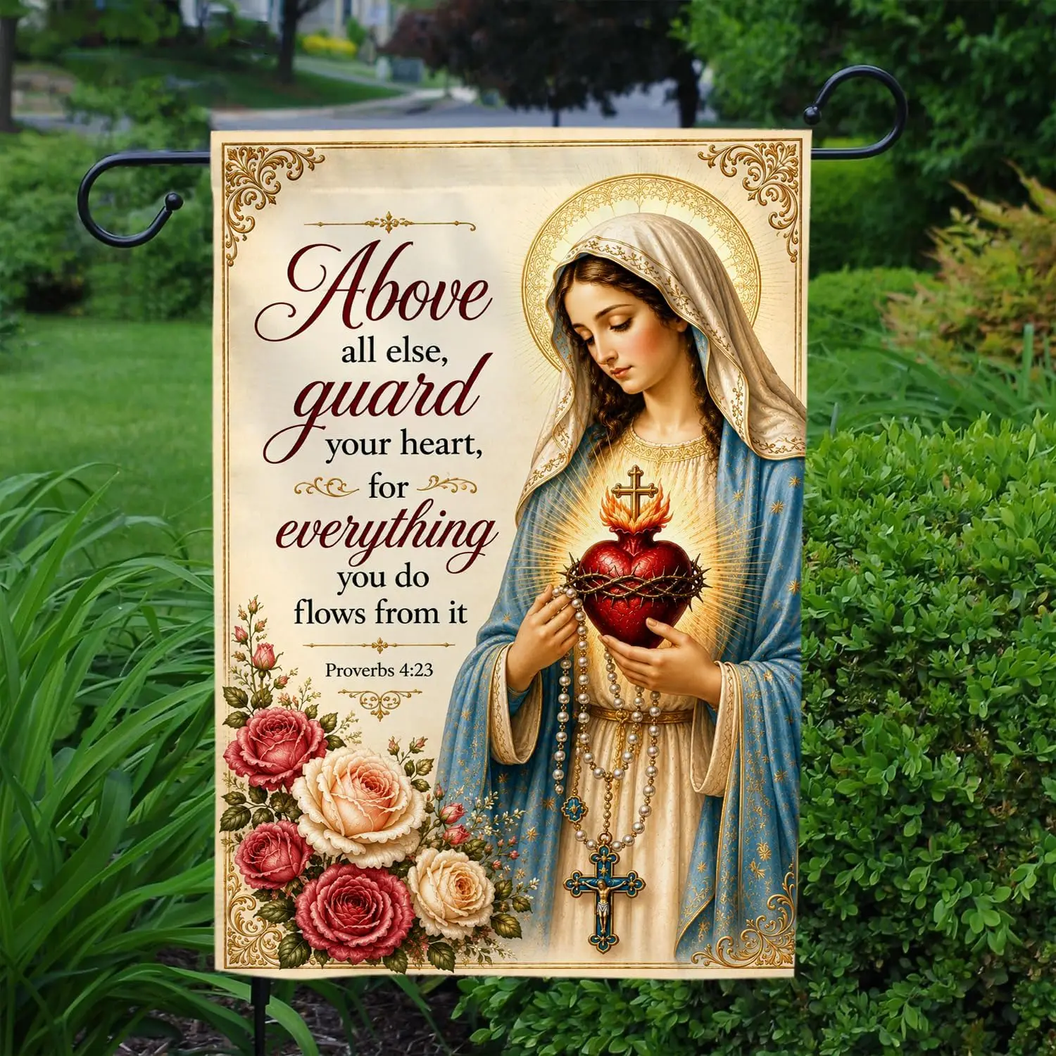 MAIANEY Guard Your Heart Garden Flag, Blessed Virgin Mary Catholic Outdoor Banner, Proverbs 4:23 Religious Yard Decor, Sacre yyi