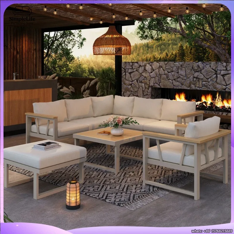 

7 Seater Corner Outdoor Garden Furniture Set Patio Lounge Sofa with Plastic Wood Accents Galvanized Steel Frame Coffee Table