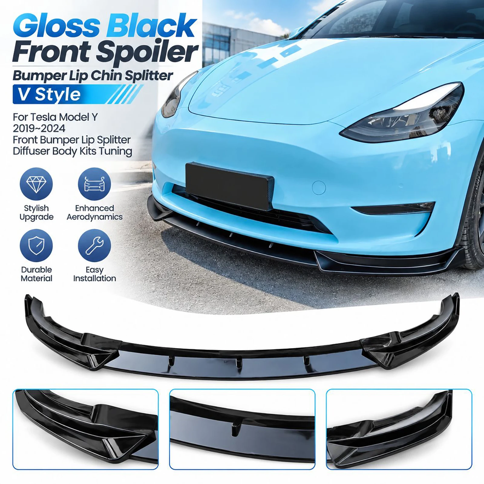 Glänzend Schwarzer V-Style Frontstoßstangen-Lippen-Splitter für Tesla Model Y 2020-2025 3-teiliges ABS-Karosserie-Kit