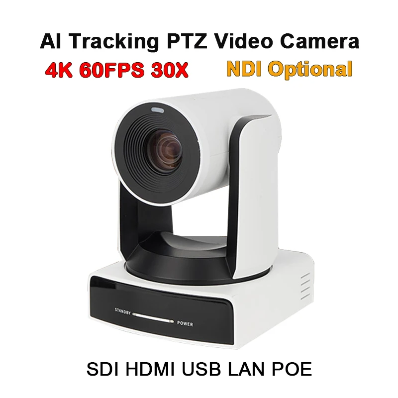 

4K NDI Camera 60FPS 30X Zoom AI Auto Tracking PTZ Live Streaming Camera with PoE HDMI SDI USB for Church Worship Education Event