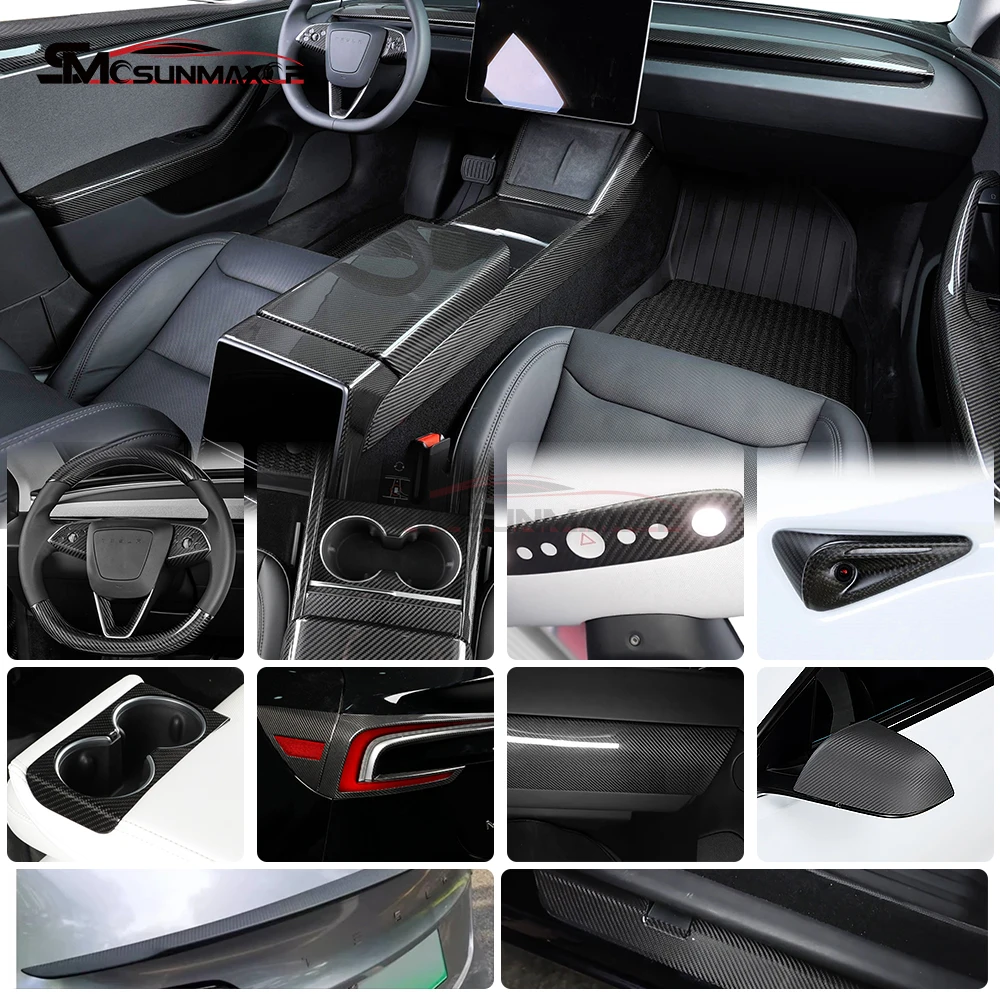 ل تسلا نموذج 3 هايلاند 2024 ألياف الكربون الحقيقية الداخلية إطار شحن لاسلكي الديكور غطاء اكسسوارات السيارات