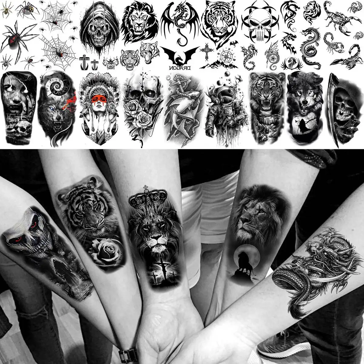 Tatuajes temporales de lobo Tribal, León y tigre para hombres y mujeres, tatuaje falso de brazo y muslo, 3D pegatina, tatuajes de gángster de