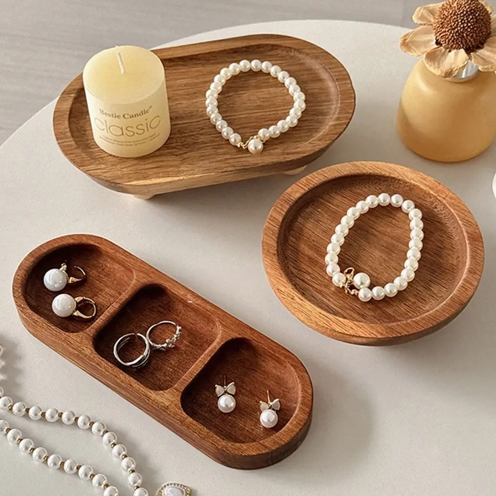 

Creative Brown Jewellery Display Trays Round Oval Desktop Display Plate Perfume Organizier Wood Candle Storage Rack Tabletop