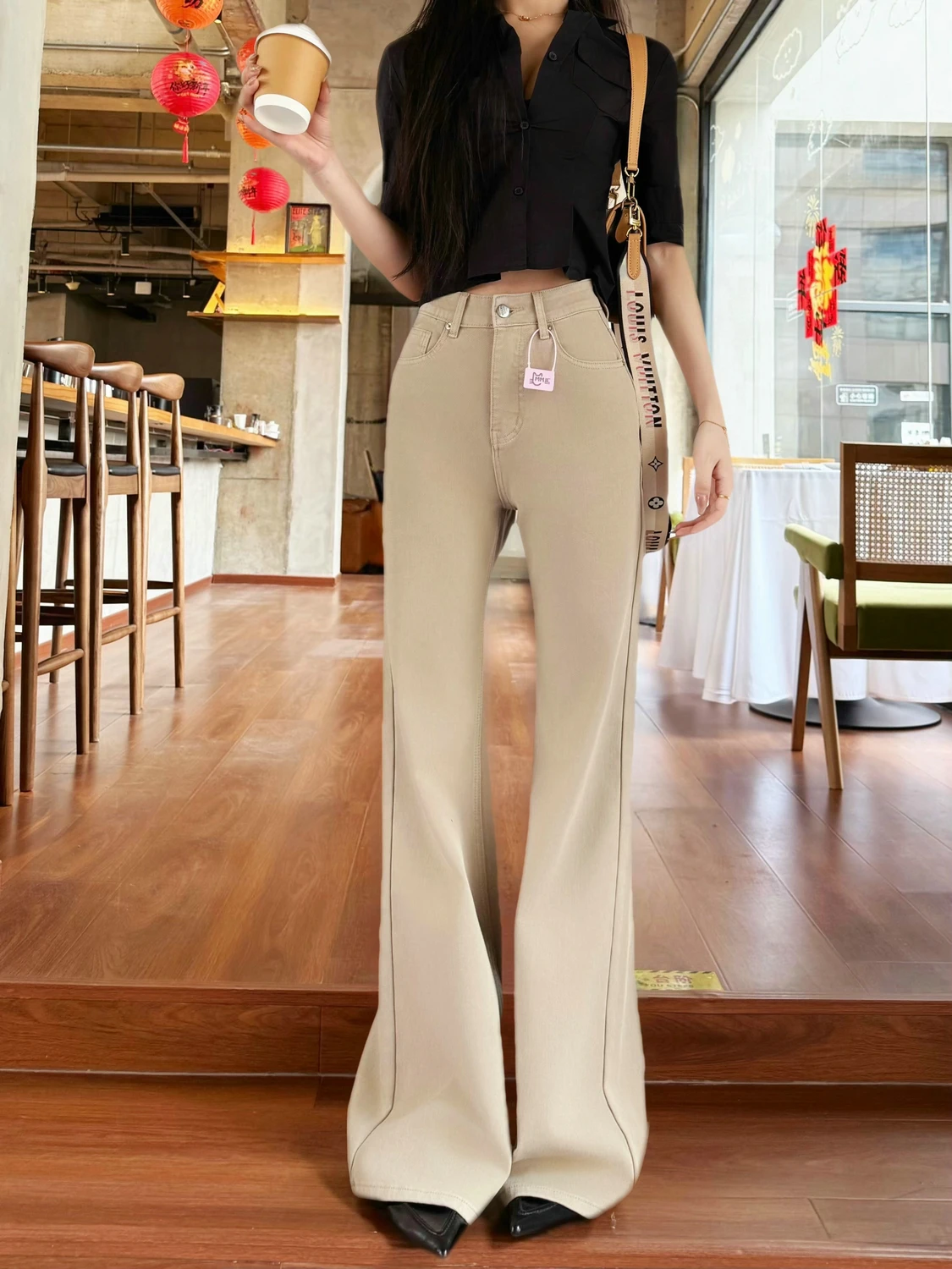 

Весенне-летние женские расклешенные джинсы с высокой талией из хлопкового стрейч-денима, удлиненные, с четырехсторонней эластичностью, больших размеров, цвет молочный чай