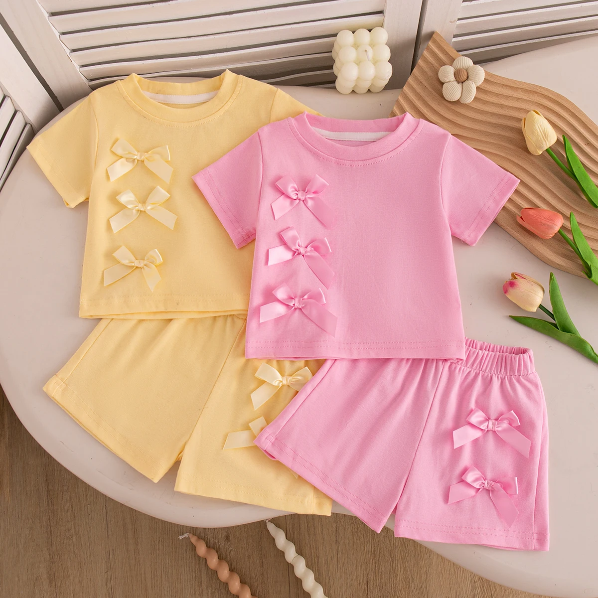 Baby Girl Set Summer Solid-Color Bow Short-Sleeve Top and Shorts Baby Girl Clothes Cute Beach Baby Outfit Set