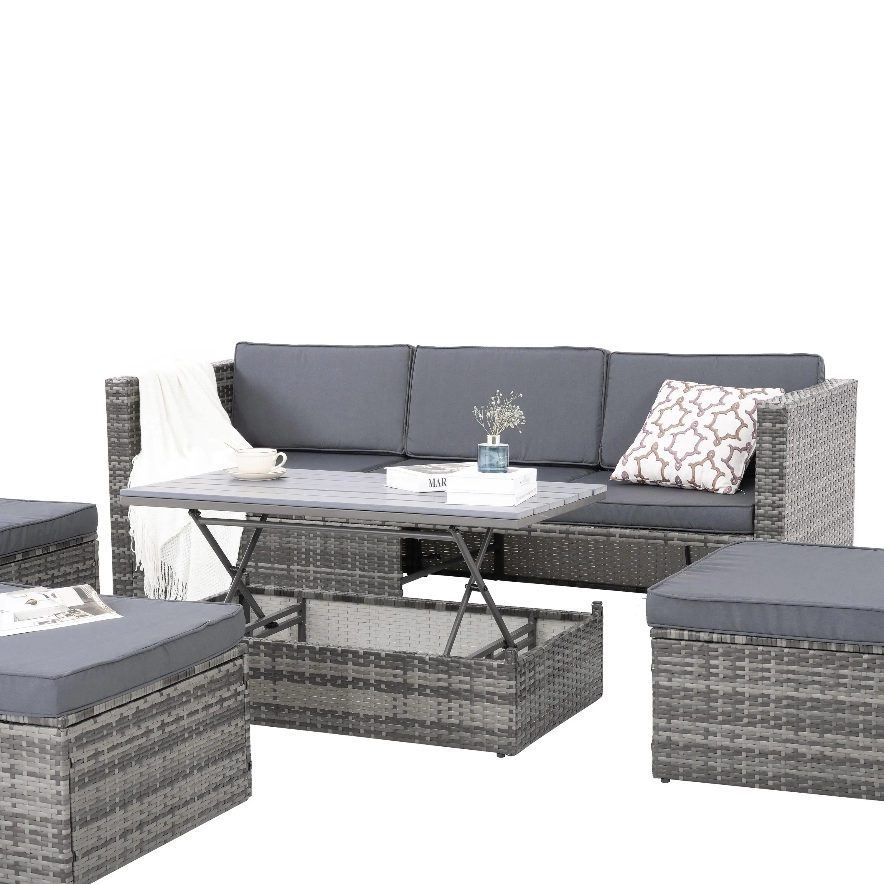 5-Piece Outdoor Wicker Furniture Set with Lift-Top Coffee Table & Lounger Sofa for Patio Relaxation