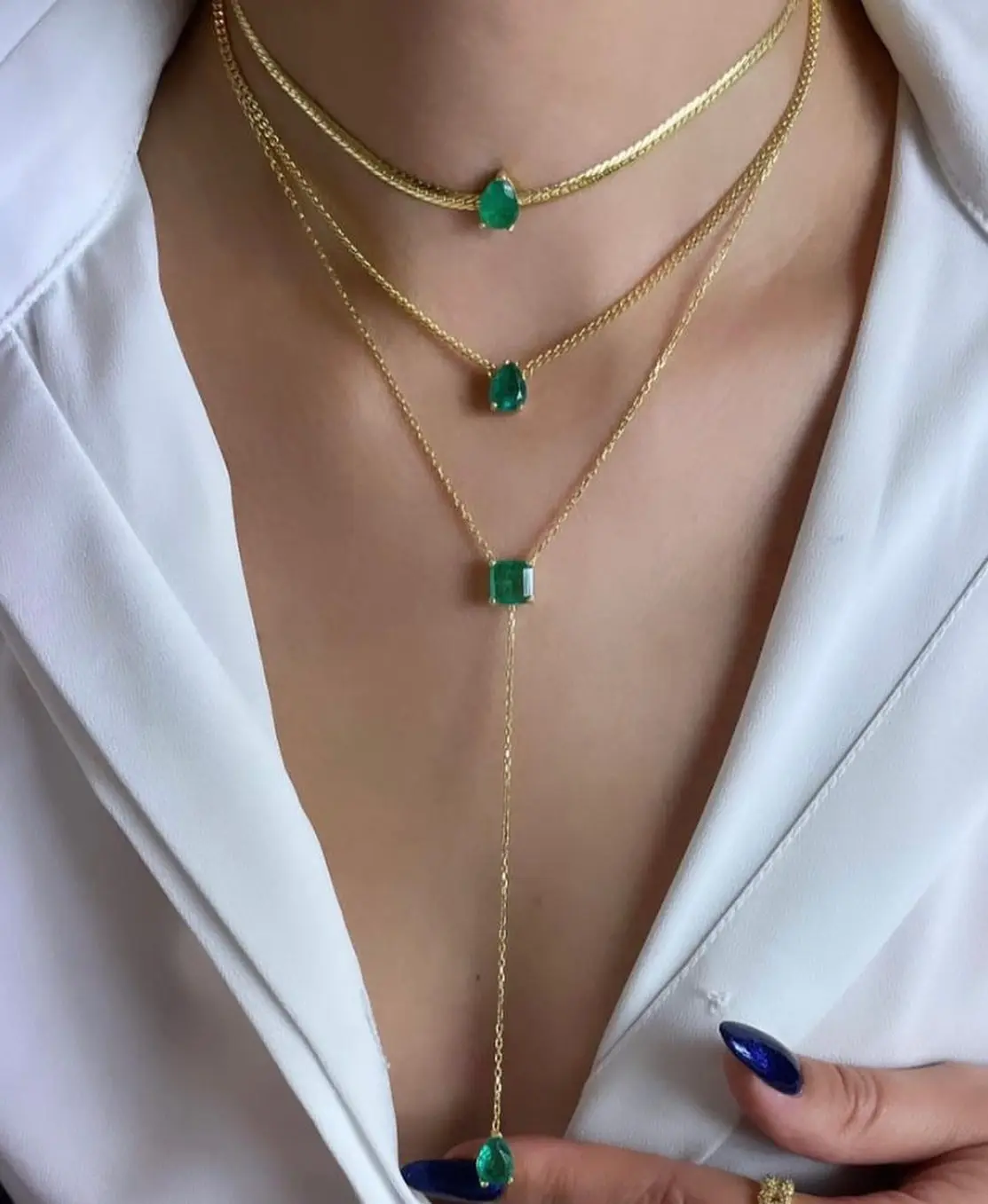 Gold Color 2025 New European Women Jewelry 4MM Cuban Link Chain Green Tear Drop CZ Single Stone Herringbone Chain Necklace