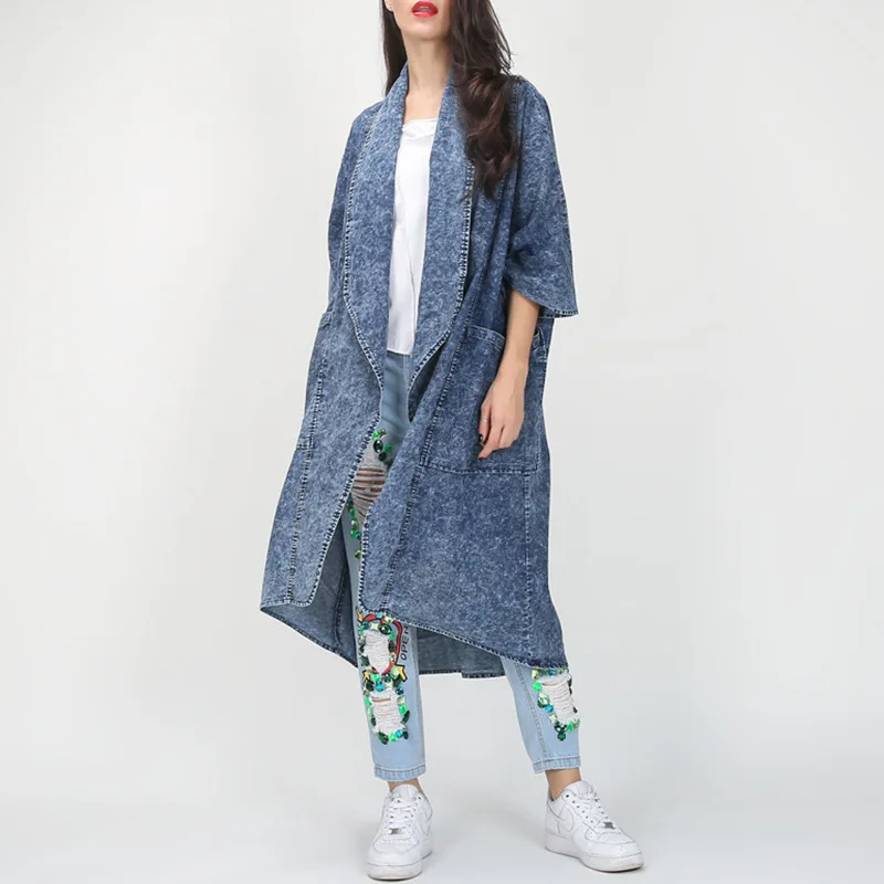 

SuperAen 2024 Summer New Loose Lapel Collar 5/4 Sleeve Irregular Hem Long Fashion Style Denim Trench Coat