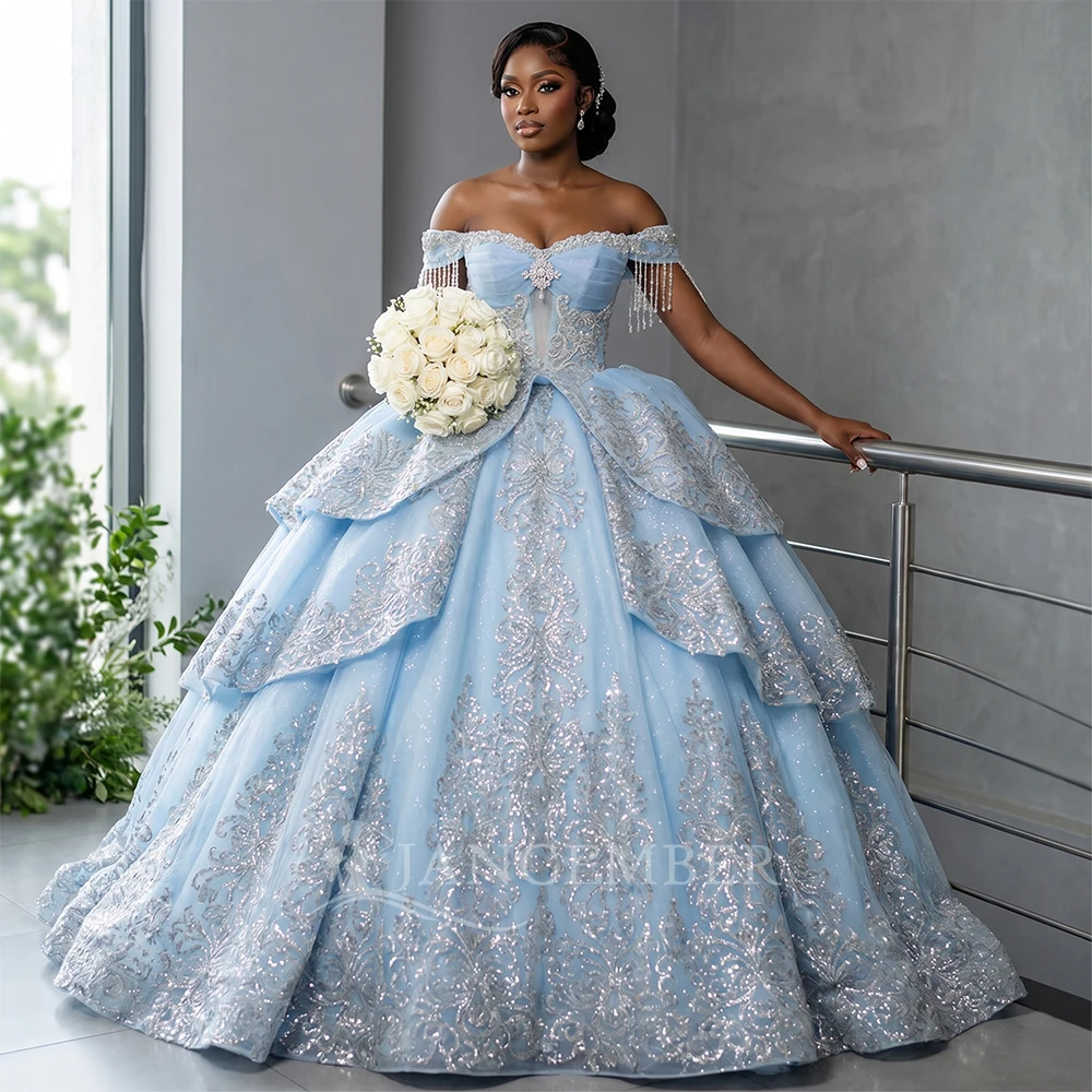 

Customized Short Sleeve Princess Wedding Dress Ball Gown Bride Dress vestidos de novia Off The Shoulder Bridal Gowns Tassel