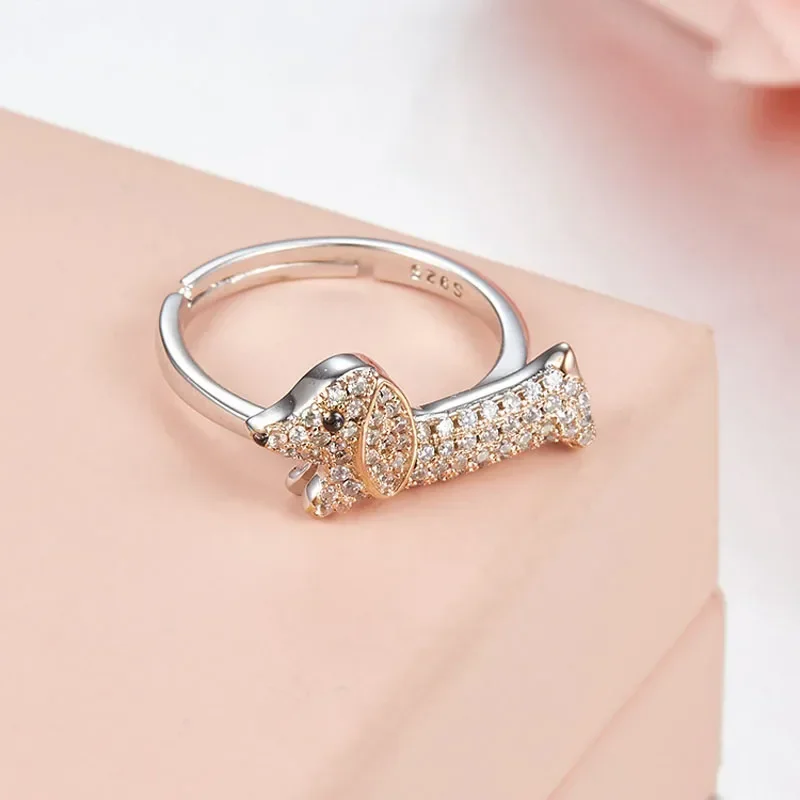 Baoyocn Fashion Real S925 Sterling Silver Dachshund Puppy Finger Ring Adjustable Size for Women Girls Cute Fancy Dog Pet Jewelry