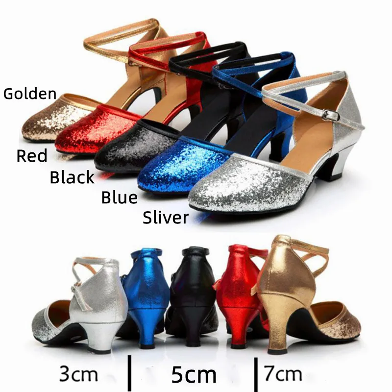 Sequins Glitter Sapatos de dança para mulheres, sapatos fechados para meninas, salão de baile moderno, tango, salsa latina, 3 cm, 5 cm, 7cm