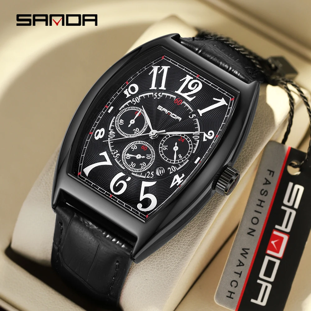 SANDA 7055 Sport Men Watch Top Brand Luxury Military Waterproof Male Clock Business Original Quartz Genuine Leather Wristwatch