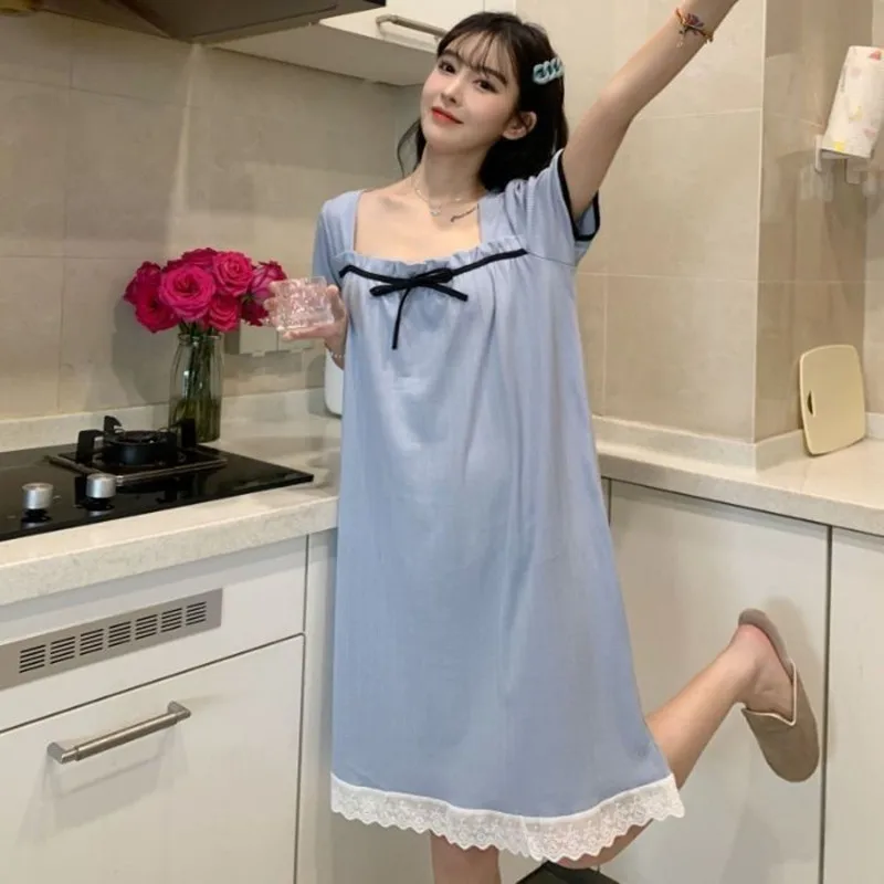 

Girl's Fashion Nightdress Women Lace Bow Dressing Gown Summer Dress Short-sleeved Bathbobe