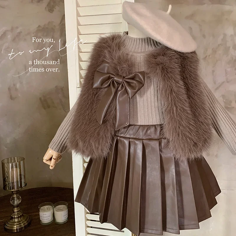 Girls Clothes Set Autumn Winter Children Fashion Woolen Sweater Coat Knitted Tops + Velvet Pleated Leather Skirt Fashion