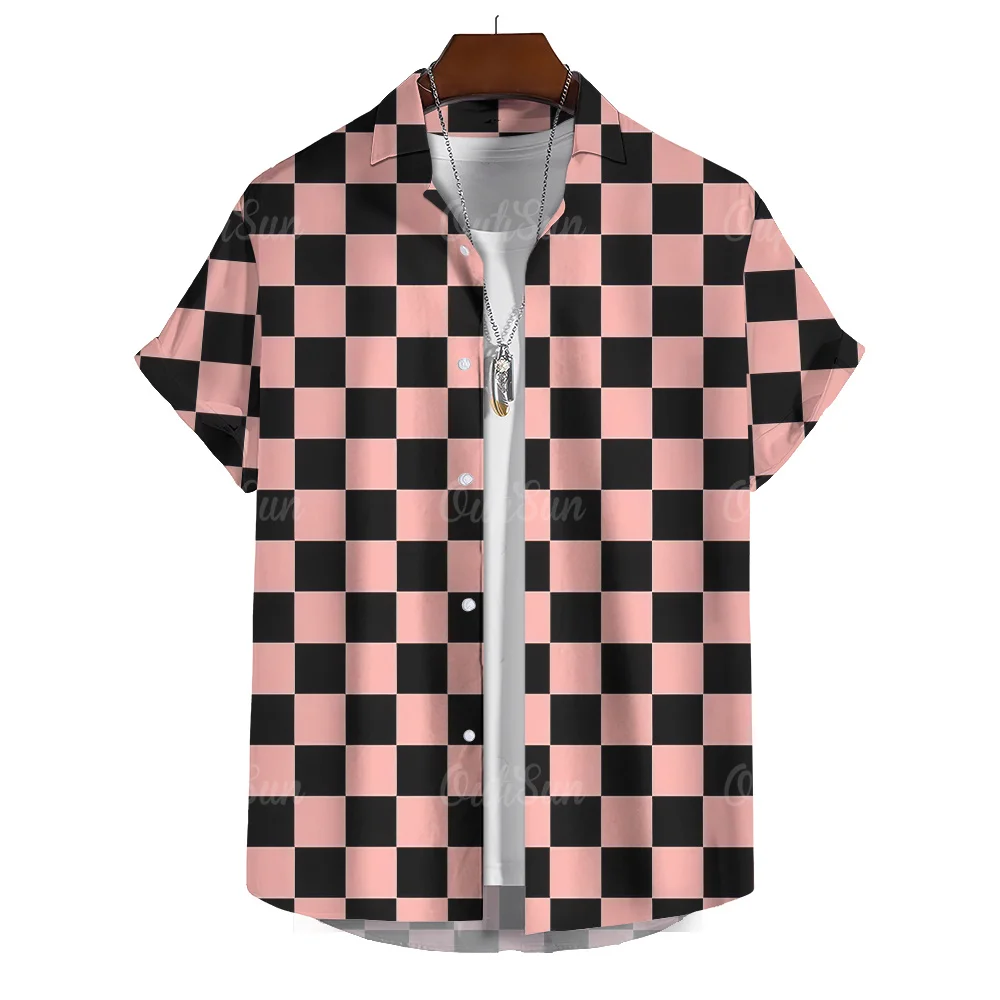 Men's Checkered Striped Printed Shirt, Men's Casual Summer Shirt, Beach Vacation Style, Hawaiian Plus Size Short Sleeved Top