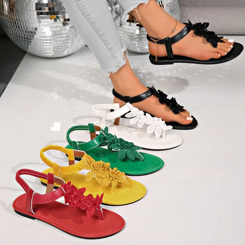 Sandalias Planas de Talla Grande para Mujer, Estilo Boho Charlie con Adorno Floral, Sandalias Casuales de Playa
