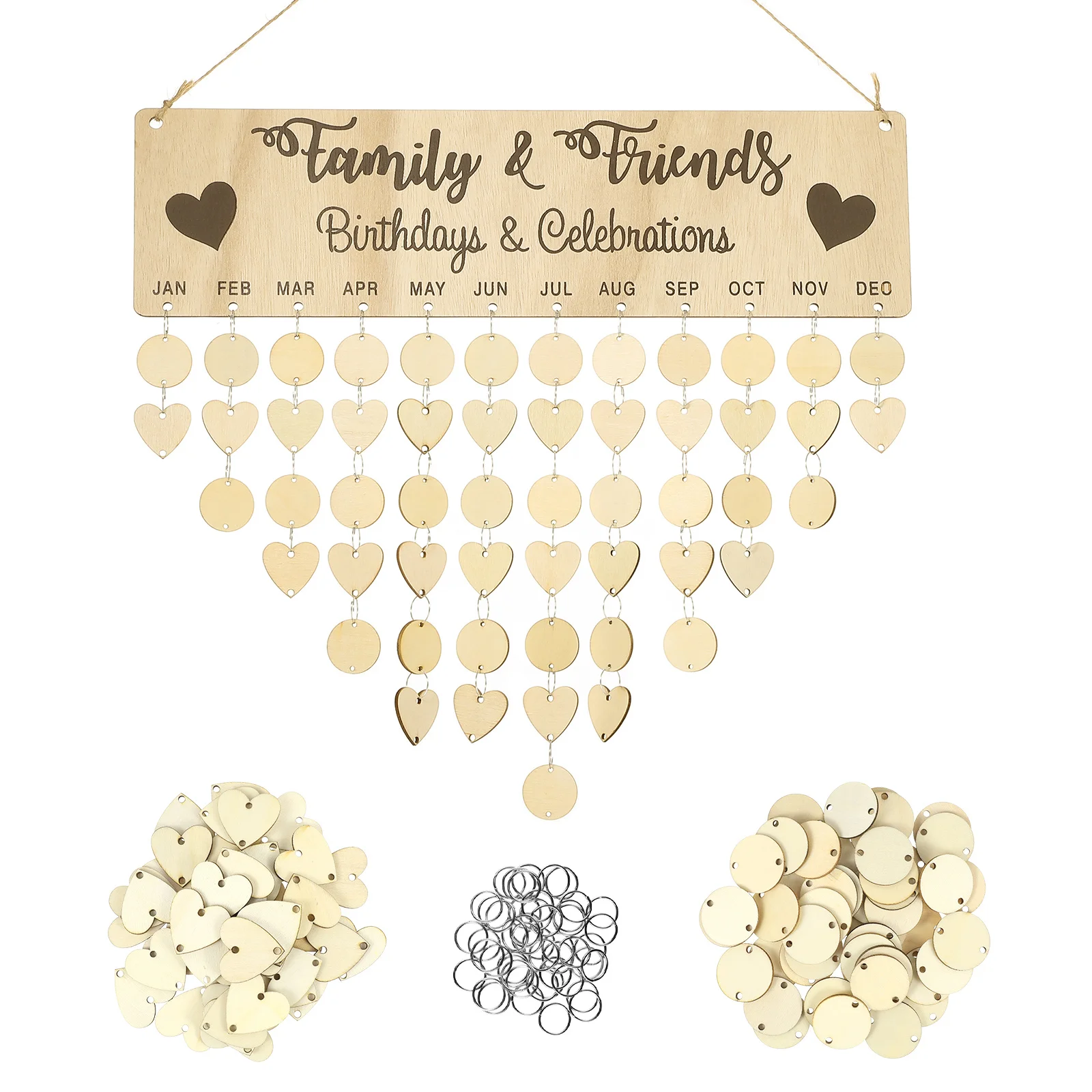 1 conjunto de calendário de suspensão de madeira, placa de lembrete diy com 50 pingentes redondos de 50 coração, decoração de casa, planejador de aniversário de madeira, suspensão de parede
