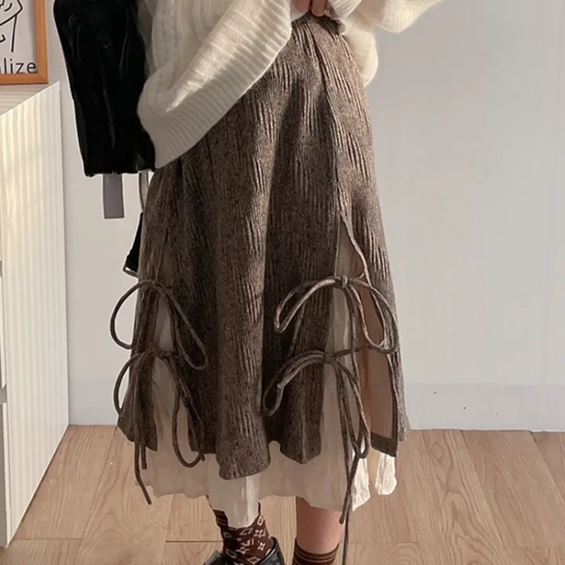 Patchwork Skirts Women Fake Two Pieces Midi Baggy Vintage Lace-up High Waist Japanese Streetwear Sweet Girl All-match Autumn