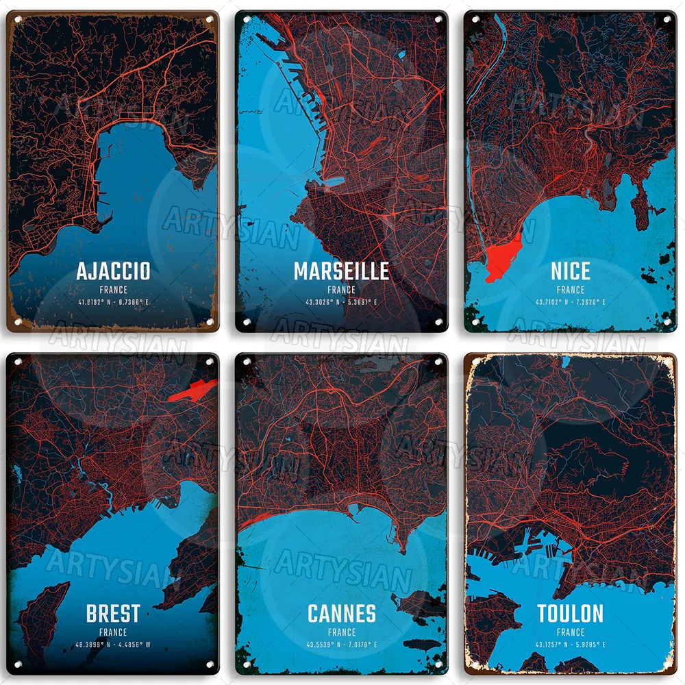 France City Map Tin Sign Paris Nice Lyon Marseille Cannes Tours Nimes Toulon Metz Brest Ajaccio Rennes Metal Plate Wall Decor