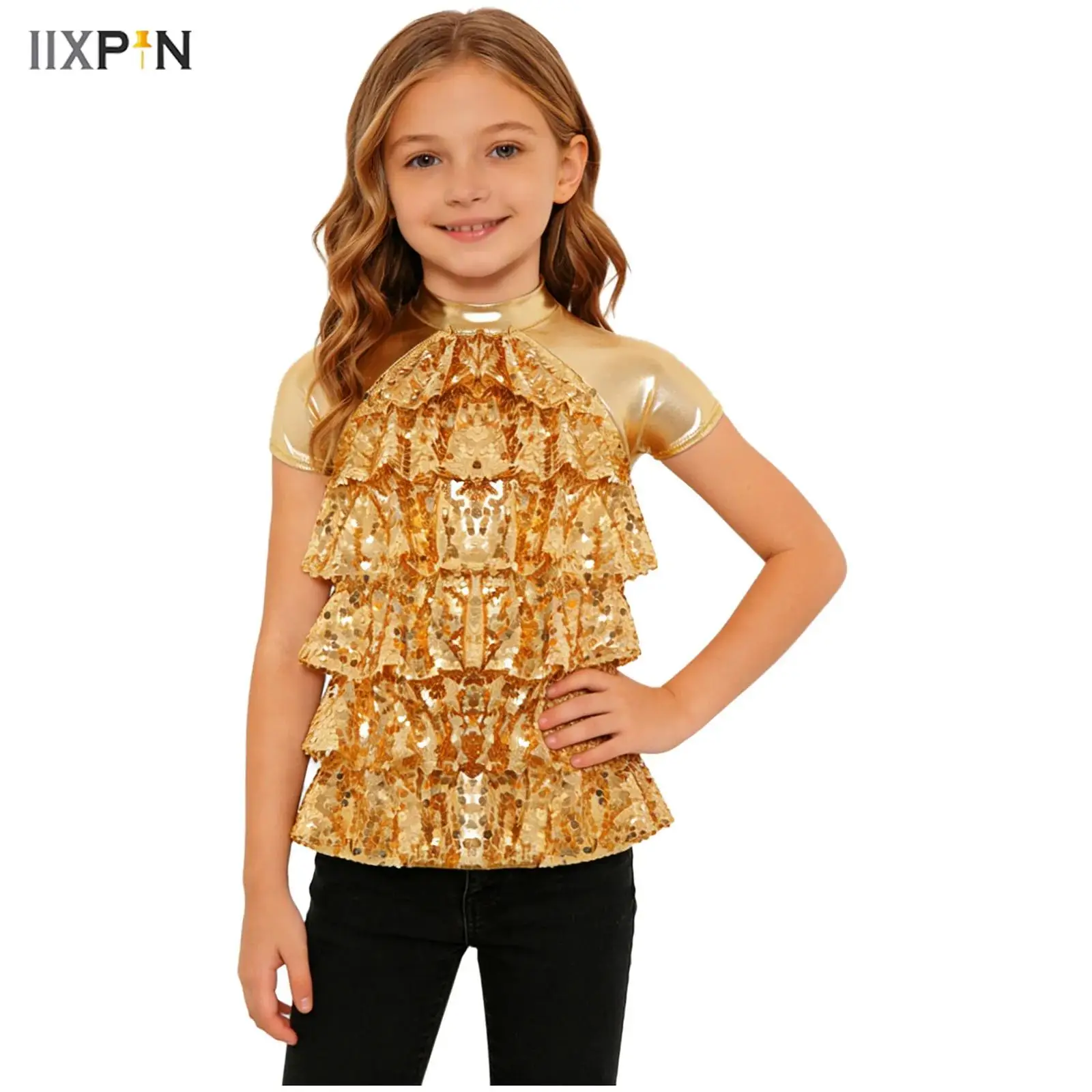 

Jazz Dance Costumes Kids Girls Shiny Sequins Short Sleeve Mesh Tiered T-shirt Crop Tops Street Dance Stage Performance Wear