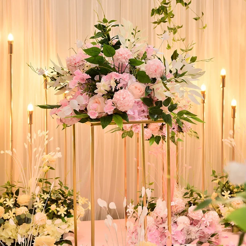 53CM Artificial Wedding Road Flower Geometric Frame Decoration Candle Holder Table Flower Wedding Stage Decoration Roses on Site